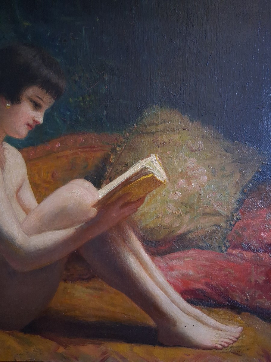 Louise Landré (1852-1934) Portrait Female Nude Reading, Oil On Canvas-photo-4