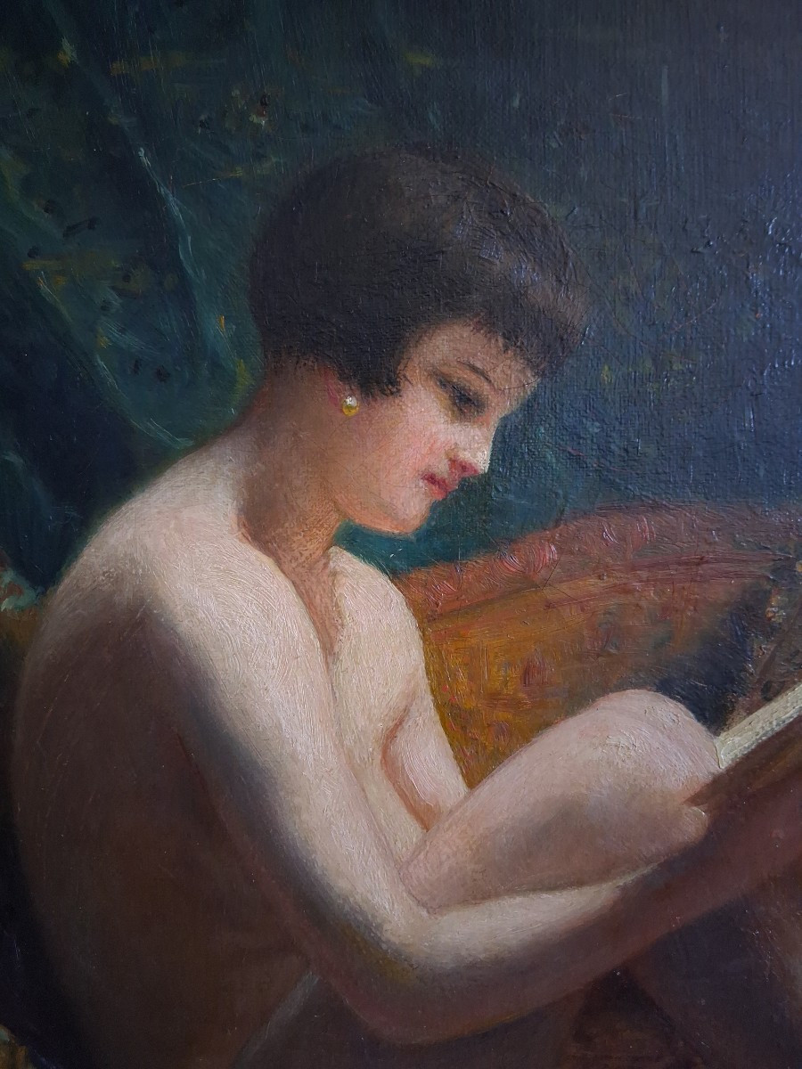 Louise Landré (1852-1934) Portrait Female Nude Reading, Oil On Canvas-photo-1
