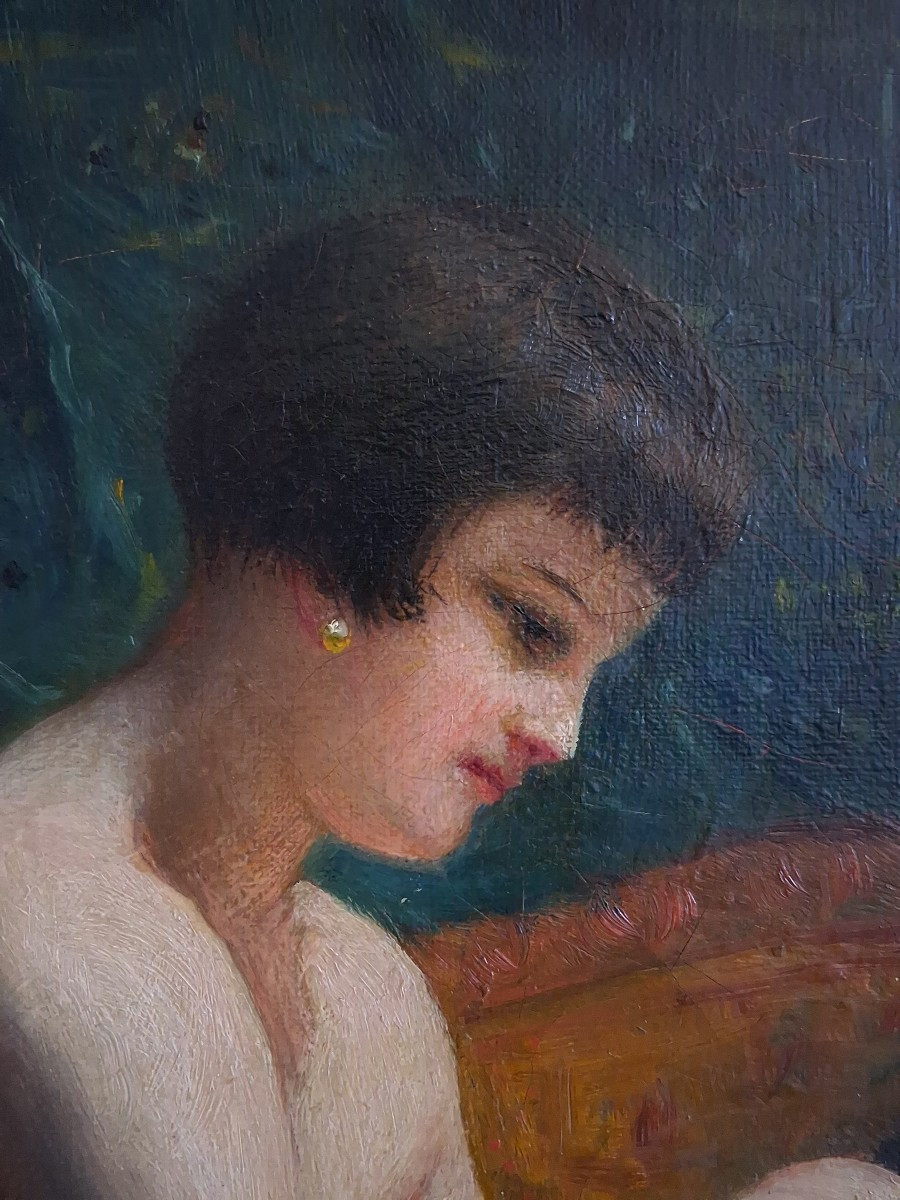 Louise Landré (1852-1934) Portrait Female Nude Reading, Oil On Canvas-photo-2