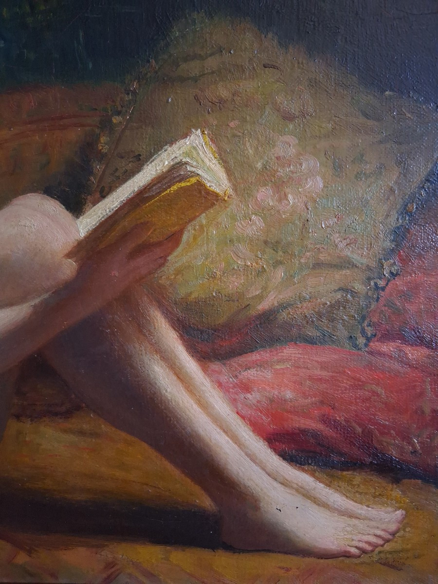 Louise Landré (1852-1934) Portrait Female Nude Reading, Oil On Canvas-photo-3
