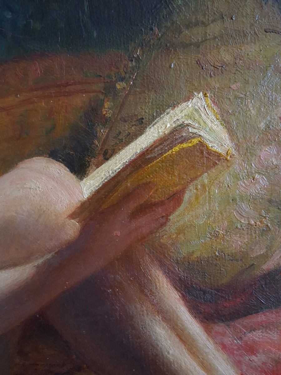 Louise Landré (1852-1934) Portrait Female Nude Reading, Oil On Canvas-photo-4