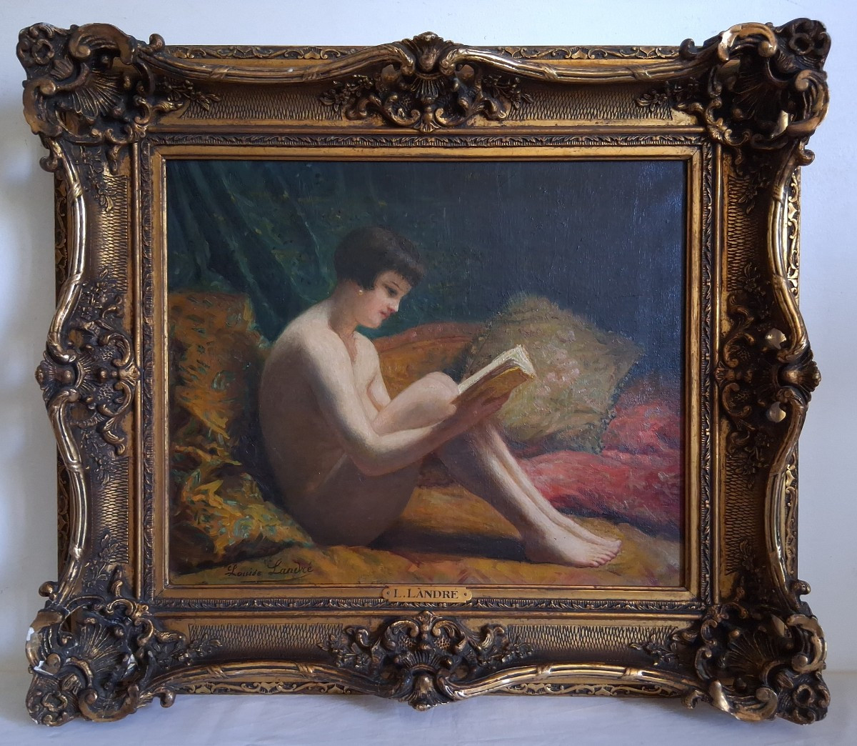 Louise Landré (1852-1934) Portrait Female Nude Reading, Oil On Canvas