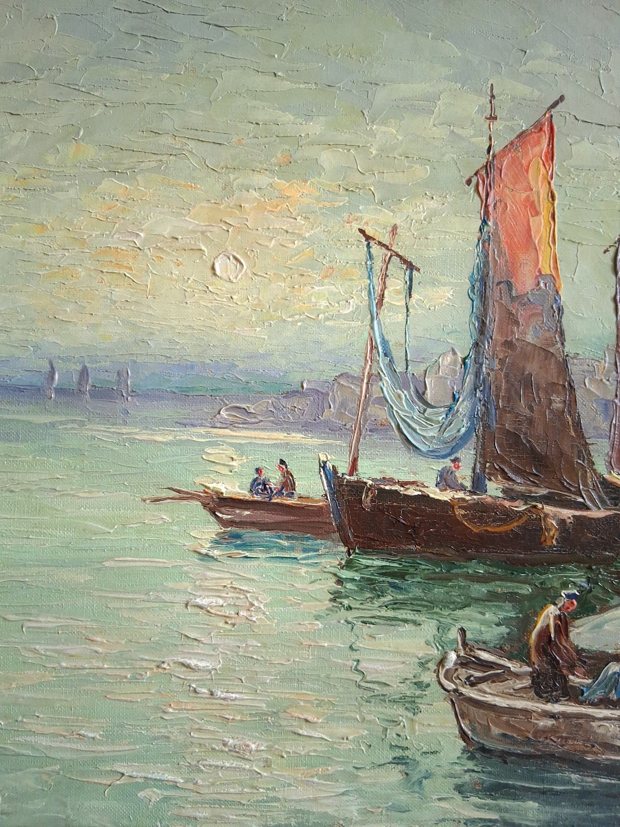 Robert Giovanni (1900-1977) Port Of Douarnenez At Dusk, Brittany, Oil On Canvas-photo-3