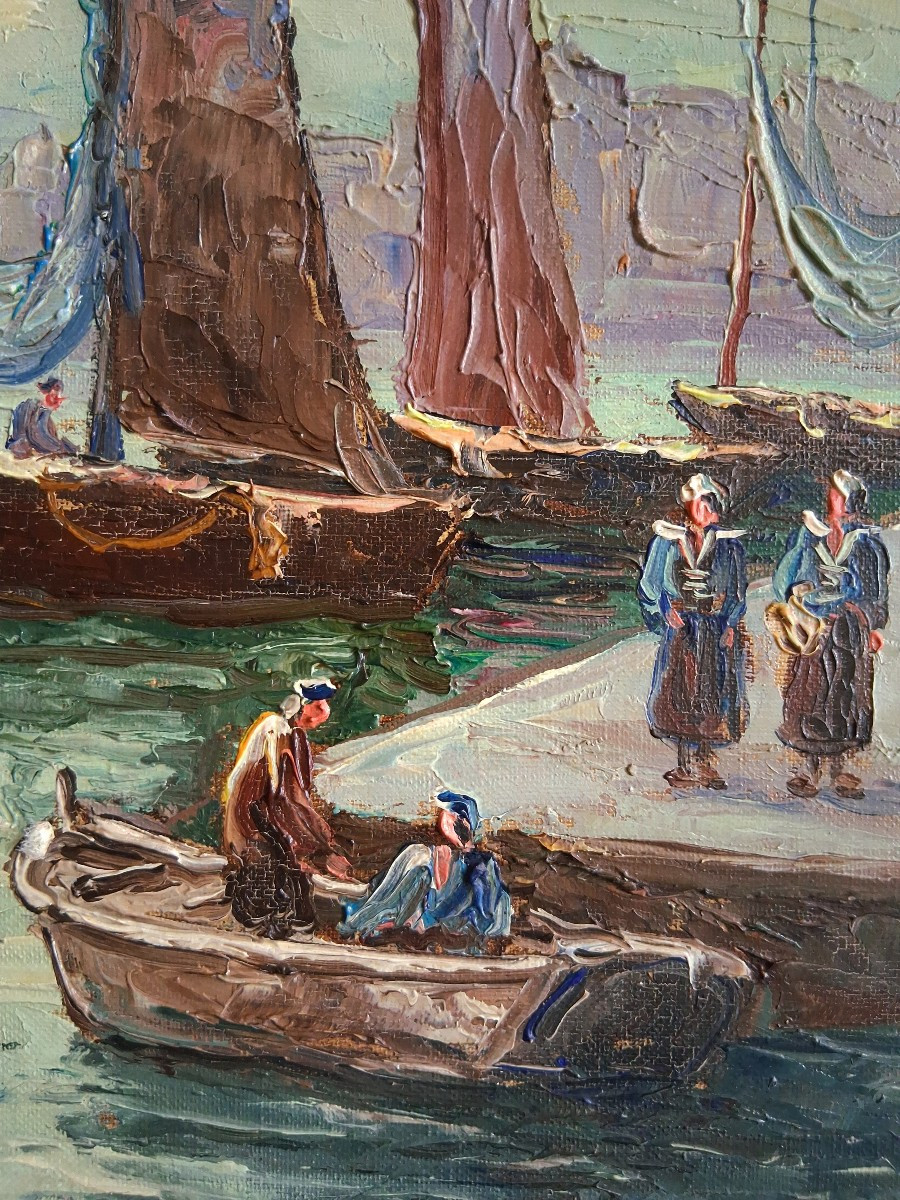 Robert Giovanni (1900-1977) Port Of Douarnenez At Dusk, Brittany, Oil On Canvas-photo-4