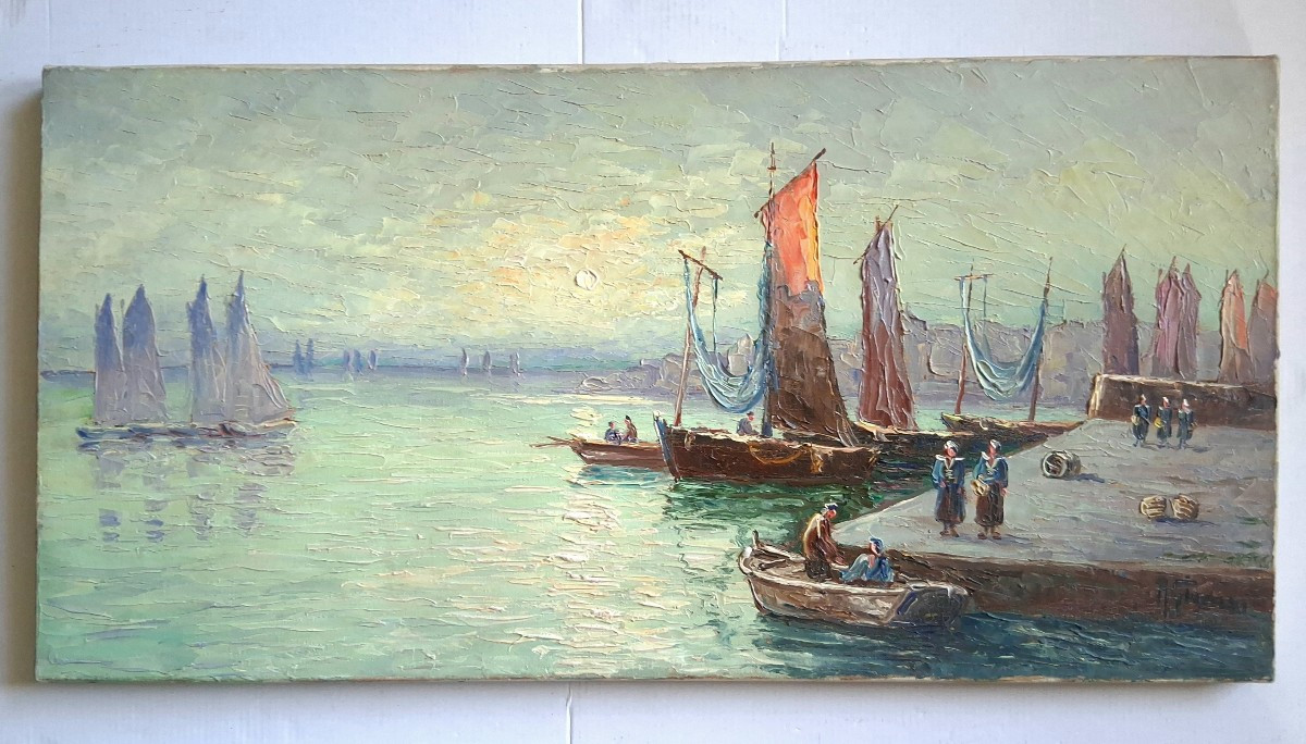 Robert Giovanni (1900-1977) Port Of Douarnenez At Dusk, Brittany, Oil On Canvas