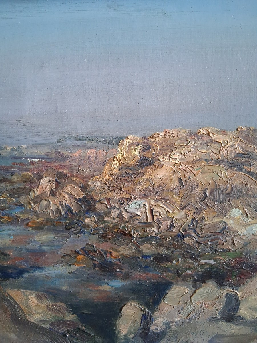 Gabriel AUGIZEAU (1894-1963) huile sur toile côte rocheuse Vendée 1953-photo-4