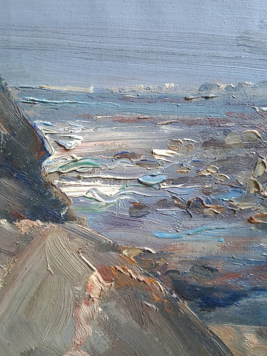 Gabriel AUGIZEAU (1894-1963) huile sur toile côte rocheuse Vendée 1953-photo-2