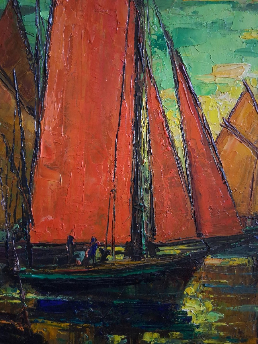 Alberto STEINMANN (1907-2002) huile sur toile marine port voiliers pays basque-photo-1