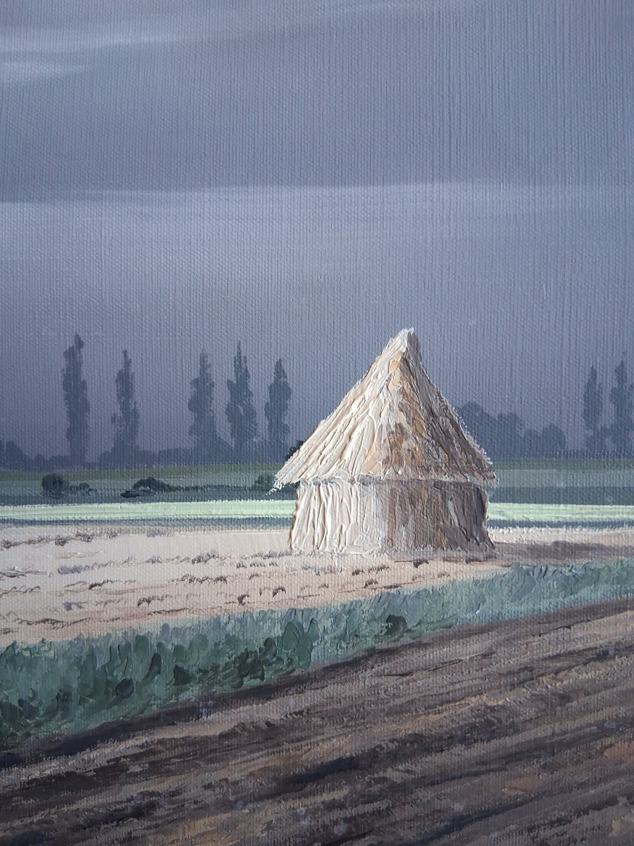 André HOULLIER (1909-1975) huile sur toile paysage "Après la récolte"-photo-1