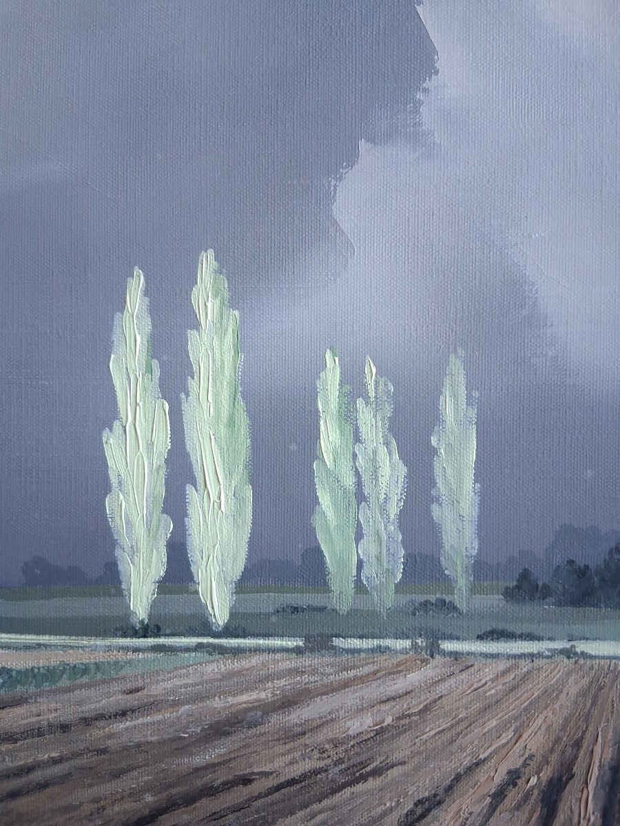 André HOULLIER (1909-1975) huile sur toile paysage "Après la récolte"-photo-2