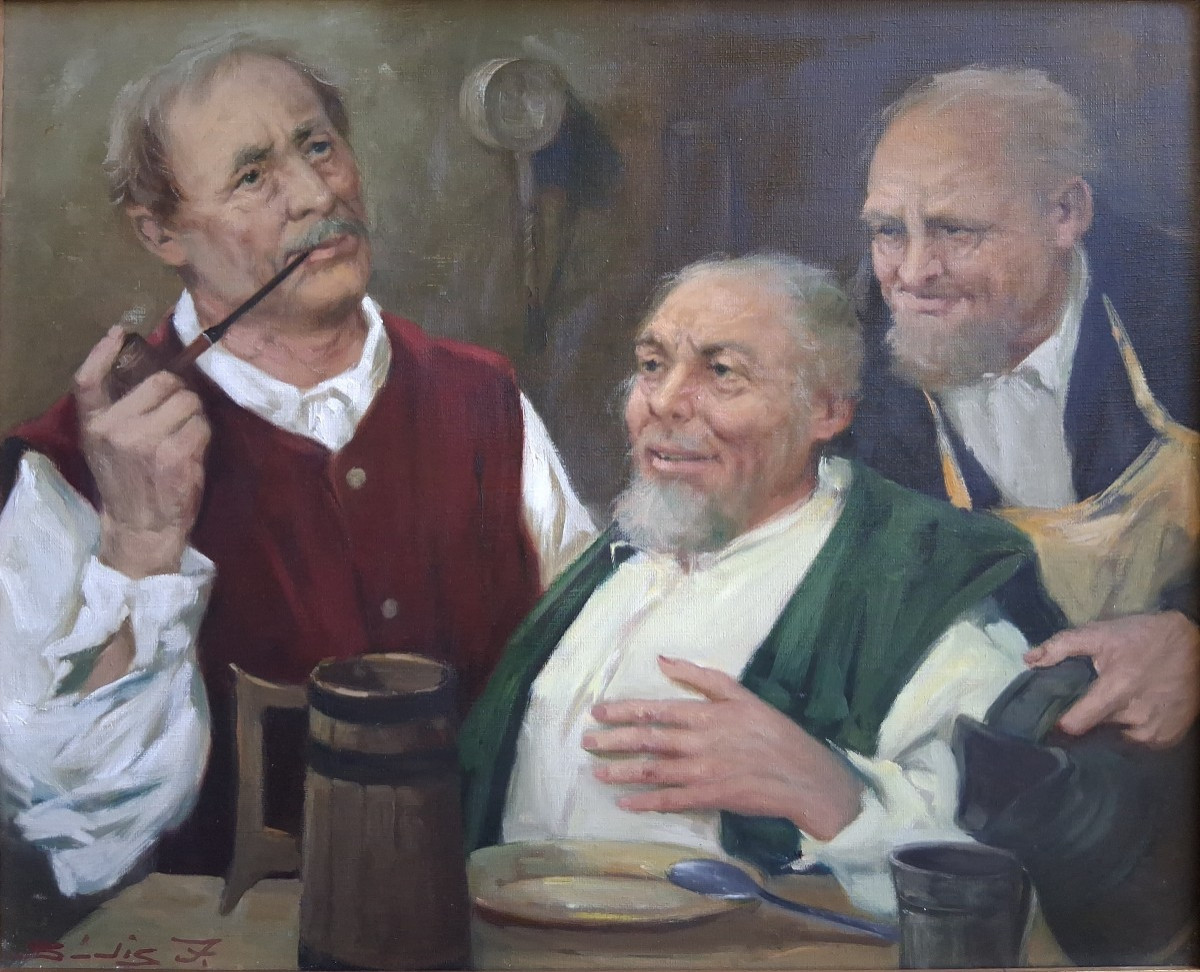 Joseph Bodis (born In 1915) Oil On Canvas Tavern Scene Hungary-photo-2