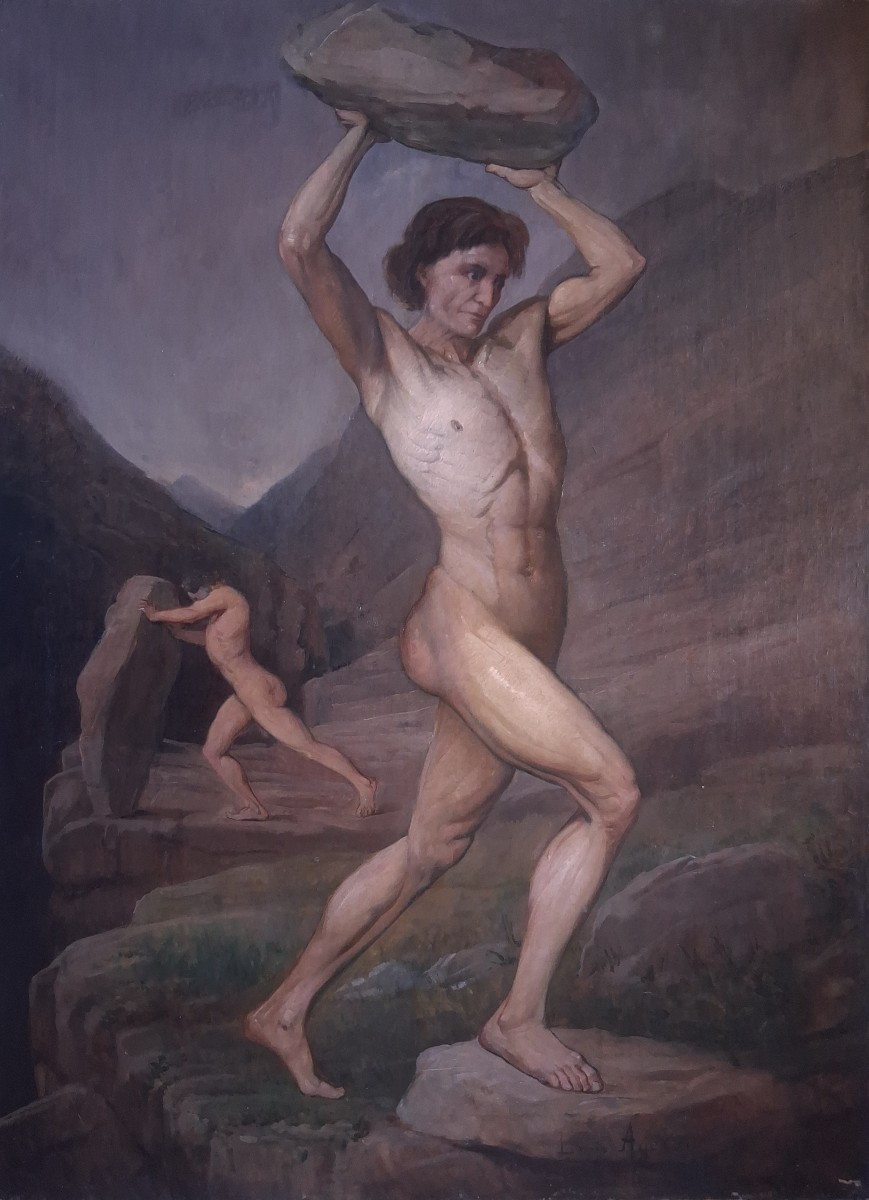 Louis Ageron (1865-1935) Large Oil On Canvas, Mythological Scene, Male Nude 19th