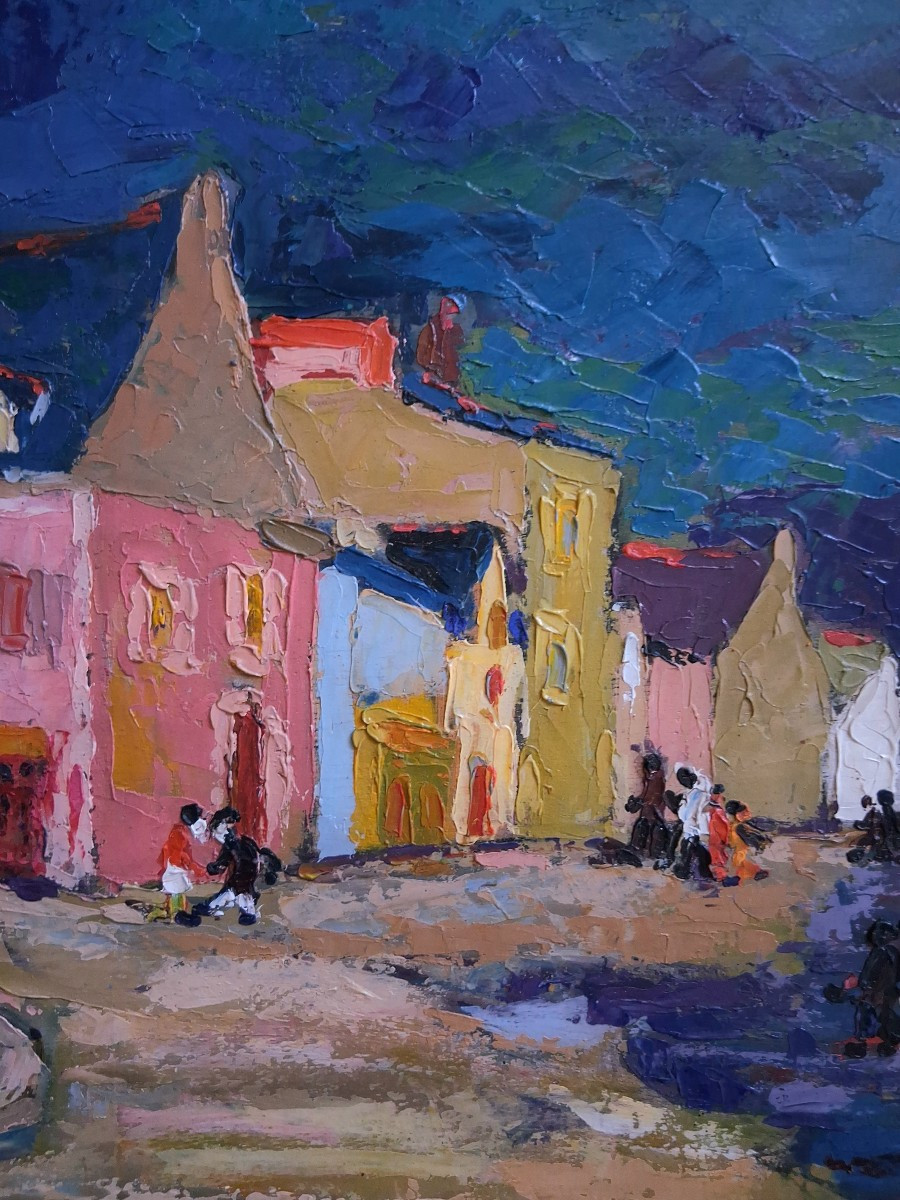 Le Pouliguen Street Scene, Oil On Wood, Maulini, 1958-photo-1