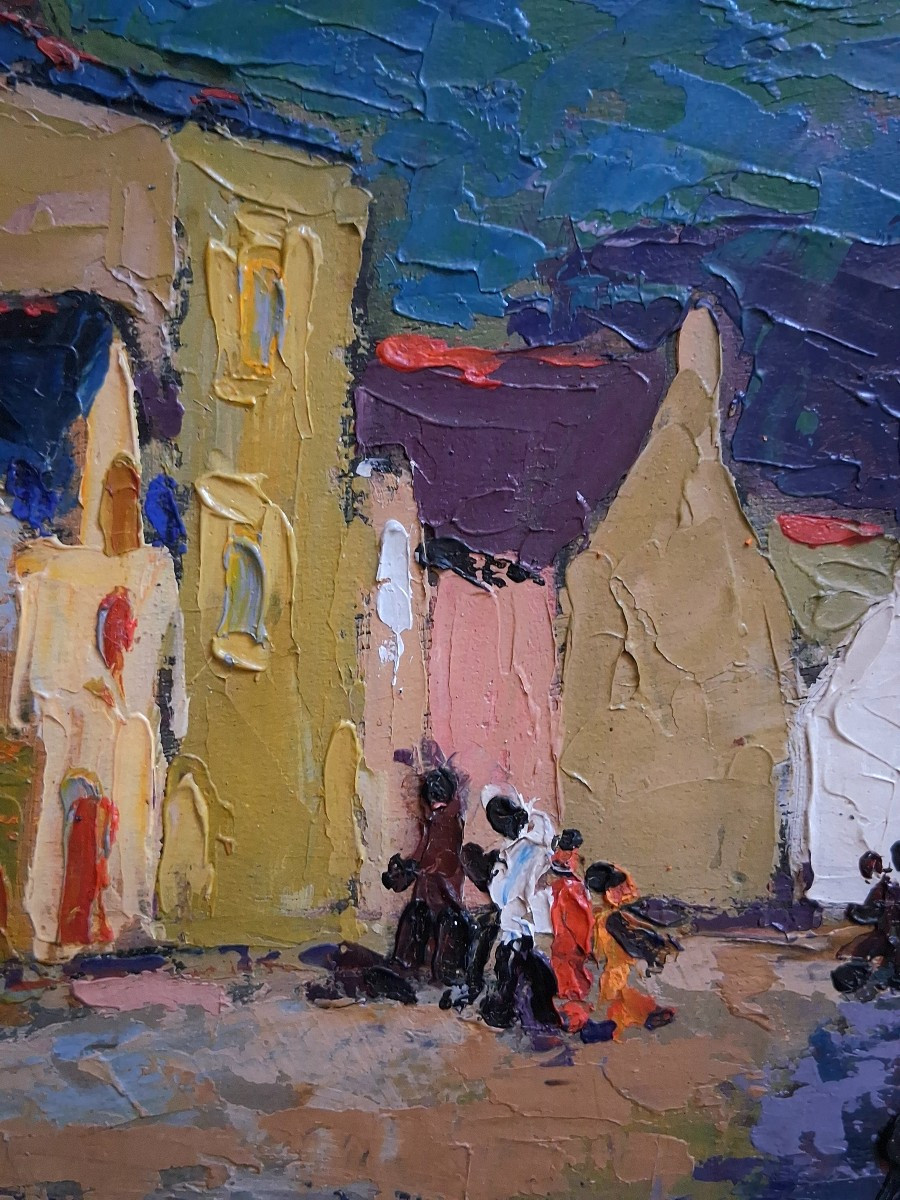 Le Pouliguen Street Scene, Oil On Wood, Maulini, 1958-photo-4