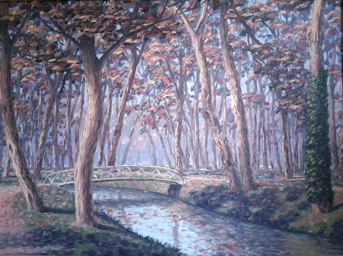 Claude CHAUVIGNAC grande huile sur bois paysage d'automne sous-bois rivière-photo-2