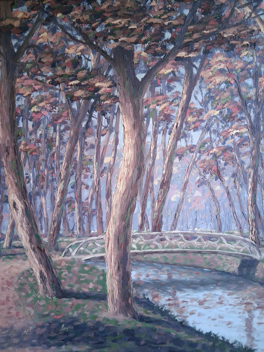 Claude CHAUVIGNAC grande huile sur bois paysage d'automne sous-bois rivière-photo-3