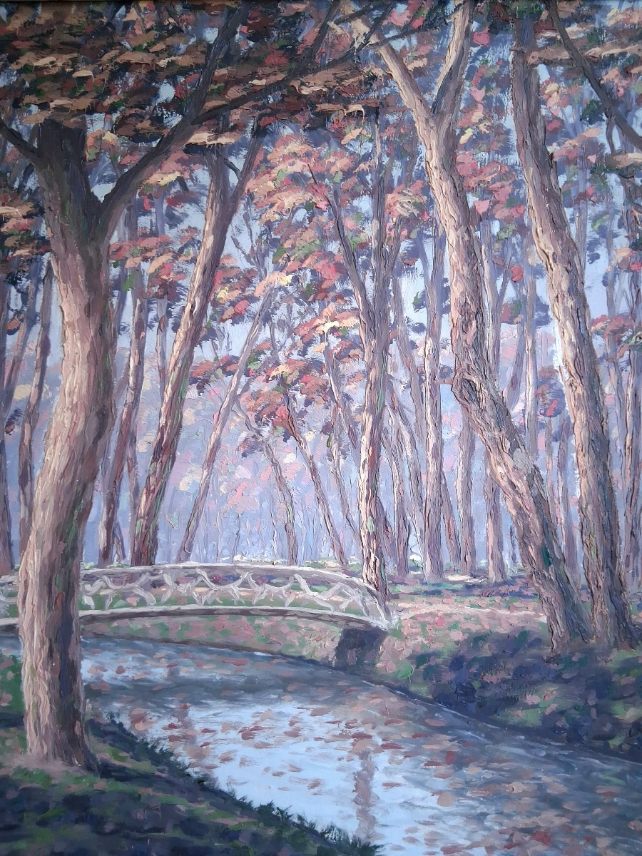 Claude CHAUVIGNAC grande huile sur bois paysage d'automne sous-bois rivière-photo-4