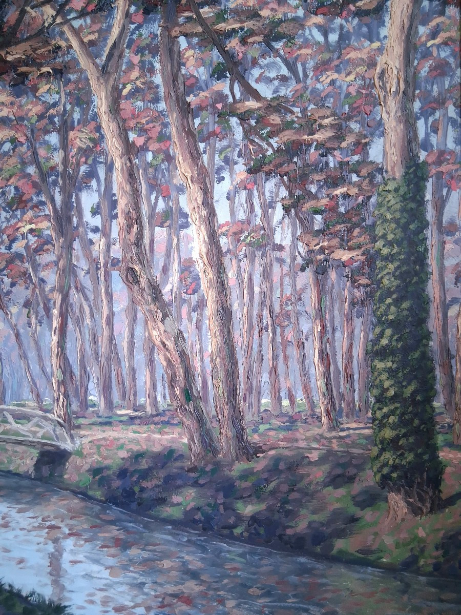 Claude CHAUVIGNAC grande huile sur bois paysage d'automne sous-bois rivière-photo-1