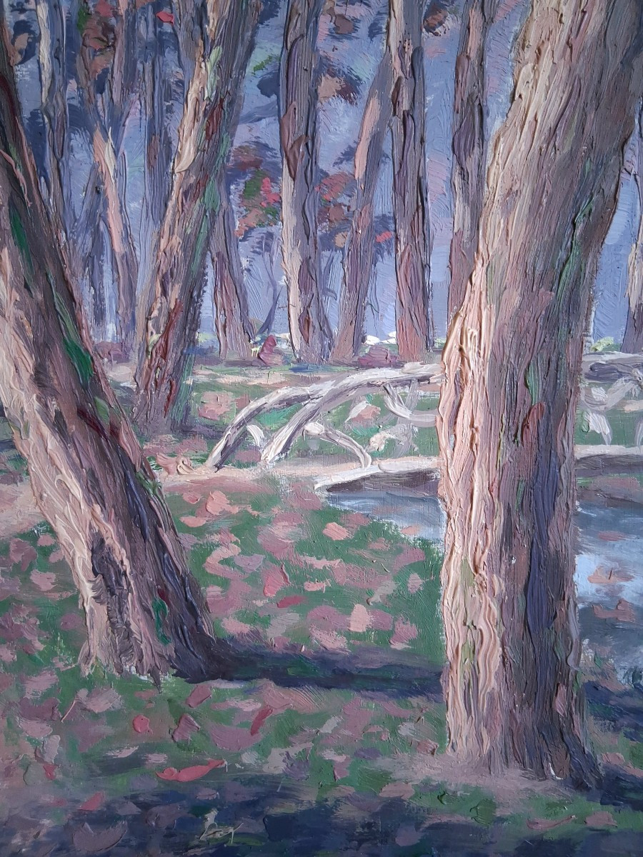 Claude CHAUVIGNAC grande huile sur bois paysage d'automne sous-bois rivière-photo-2