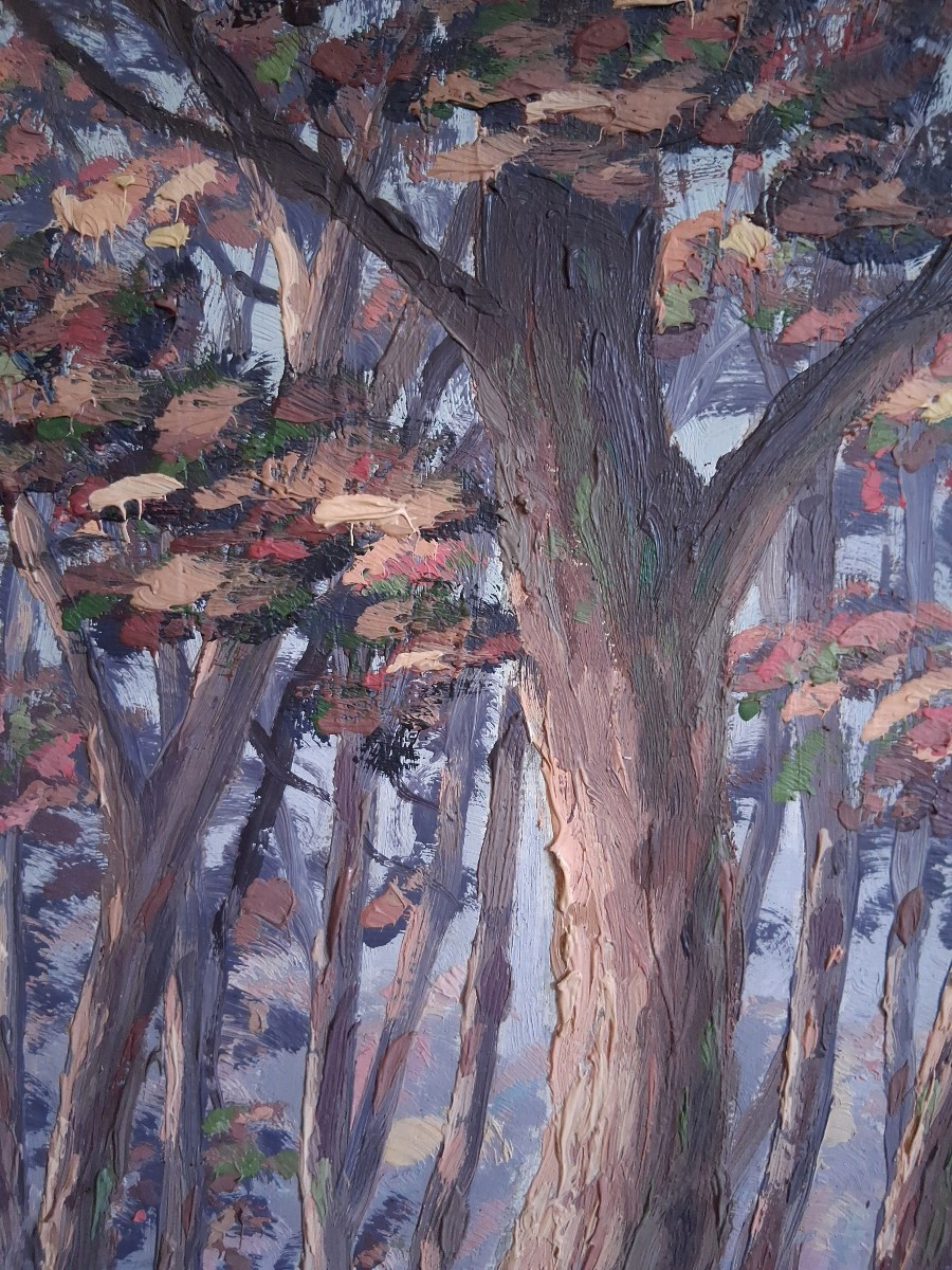 Claude CHAUVIGNAC grande huile sur bois paysage d'automne sous-bois rivière-photo-3