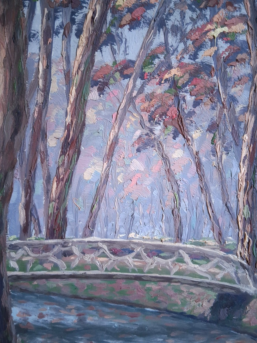 Claude CHAUVIGNAC grande huile sur bois paysage d'automne sous-bois rivière-photo-4