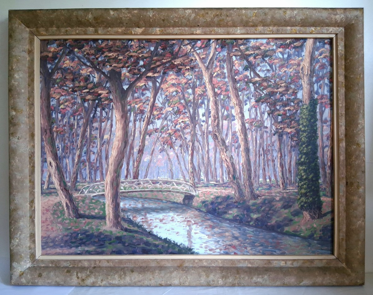 Claude CHAUVIGNAC grande huile sur bois paysage d'automne sous-bois rivière