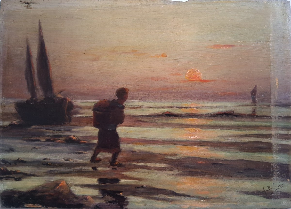 Huile sur bois paysage marin au crépuscule "Retour de pêche" A. Dufour 19ème-photo-2