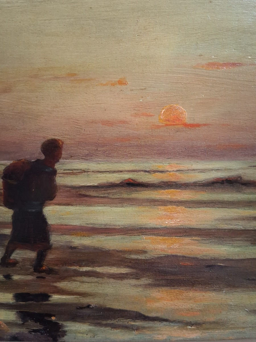 Huile sur bois paysage marin au crépuscule "Retour de pêche" A. Dufour 19ème-photo-4