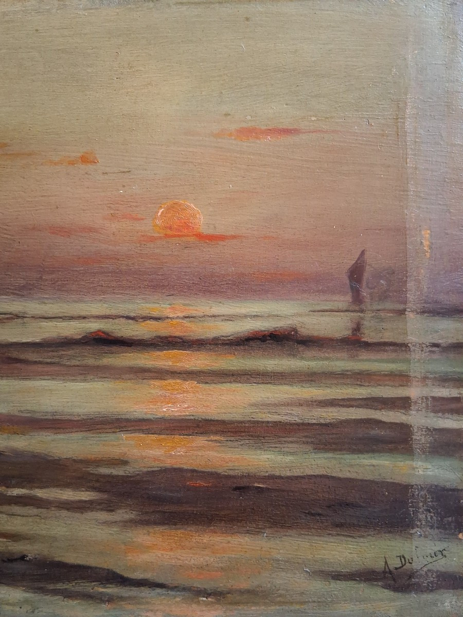 Huile sur bois paysage marin au crépuscule "Retour de pêche" A. Dufour 19ème-photo-1