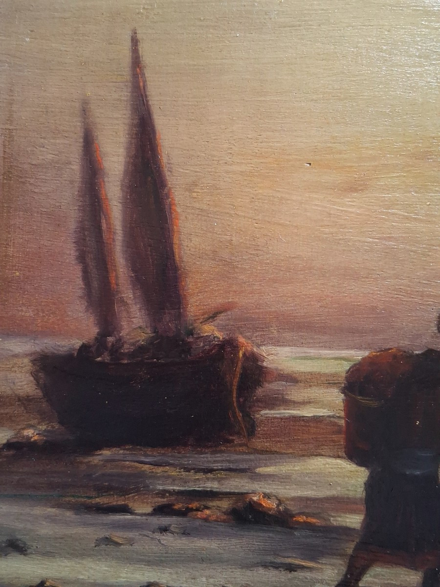 Huile sur bois paysage marin au crépuscule "Retour de pêche" A. Dufour 19ème-photo-2
