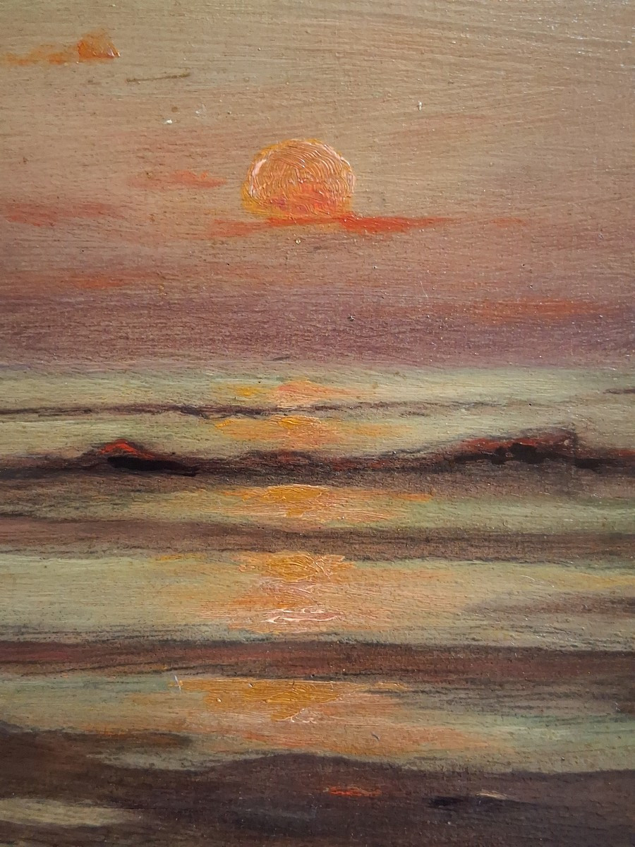 Huile sur bois paysage marin au crépuscule "Retour de pêche" A. Dufour 19ème-photo-4
