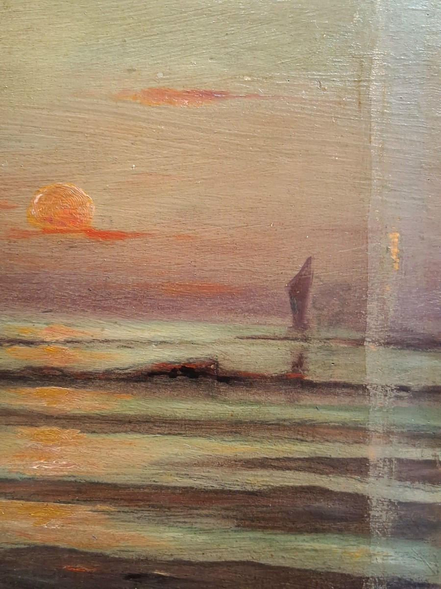 Huile sur bois paysage marin au crépuscule "Retour de pêche" A. Dufour 19ème-photo-5