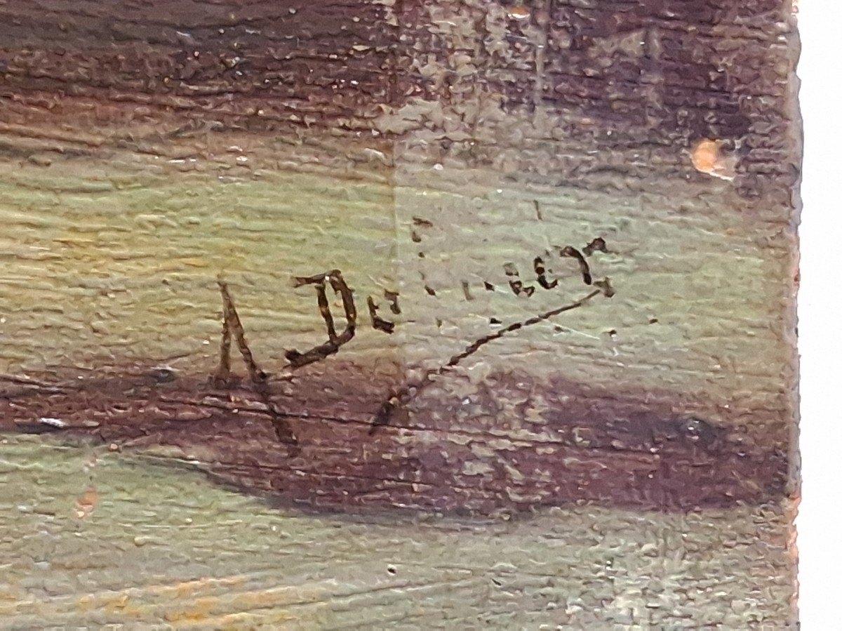 Huile sur bois paysage marin au crépuscule "Retour de pêche" A. Dufour 19ème-photo-6