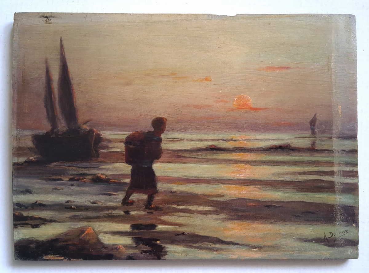 Huile sur bois paysage marin au crépuscule "Retour de pêche" A. Dufour 19ème-photo-7
