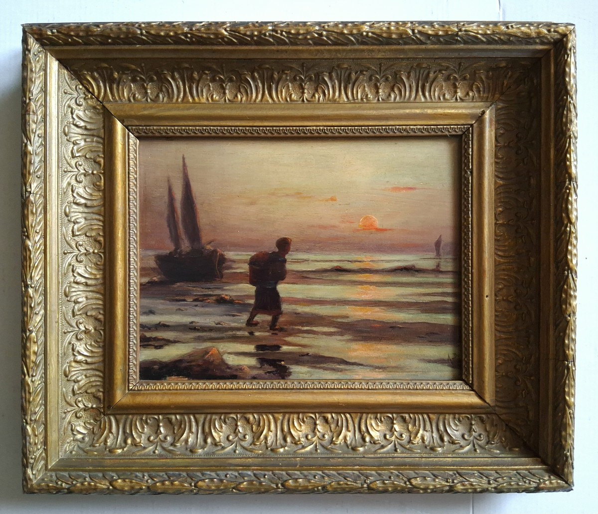 Huile sur bois paysage marin au crépuscule "Retour de pêche" A. Dufour 19ème