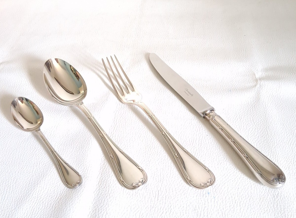 Christofle Cutlery Set 49 Pieces 12 Cutlery Model Crossed Ribbons Louis XVI Style Silver Metal-photo-2