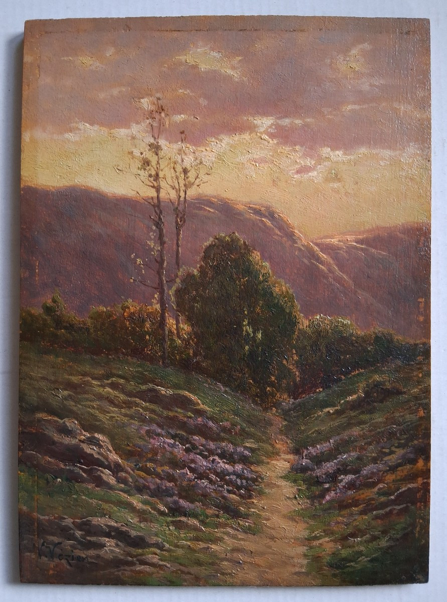V. VEZIEN huile sur bois paysage au crépuscule 19ème-photo-2