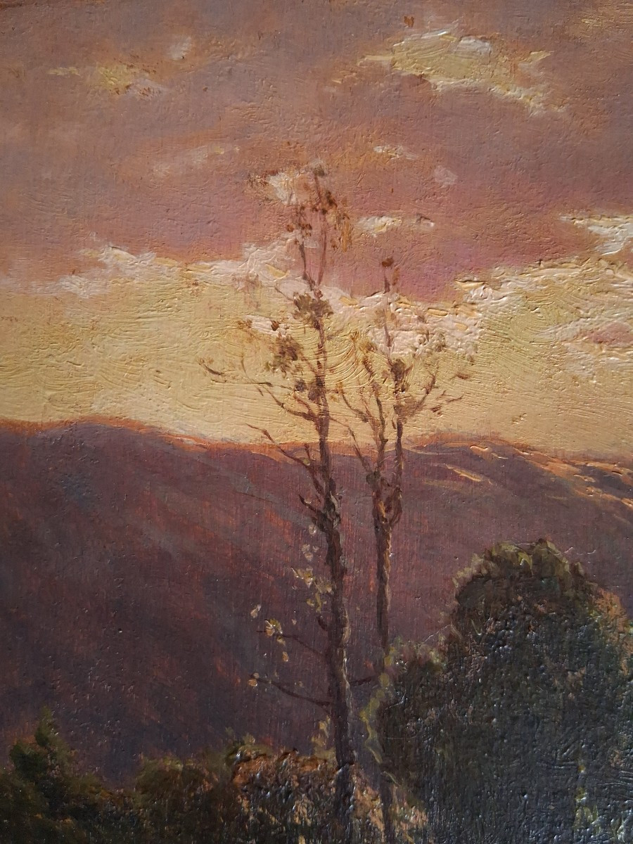 V. VEZIEN huile sur bois paysage au crépuscule 19ème-photo-4
