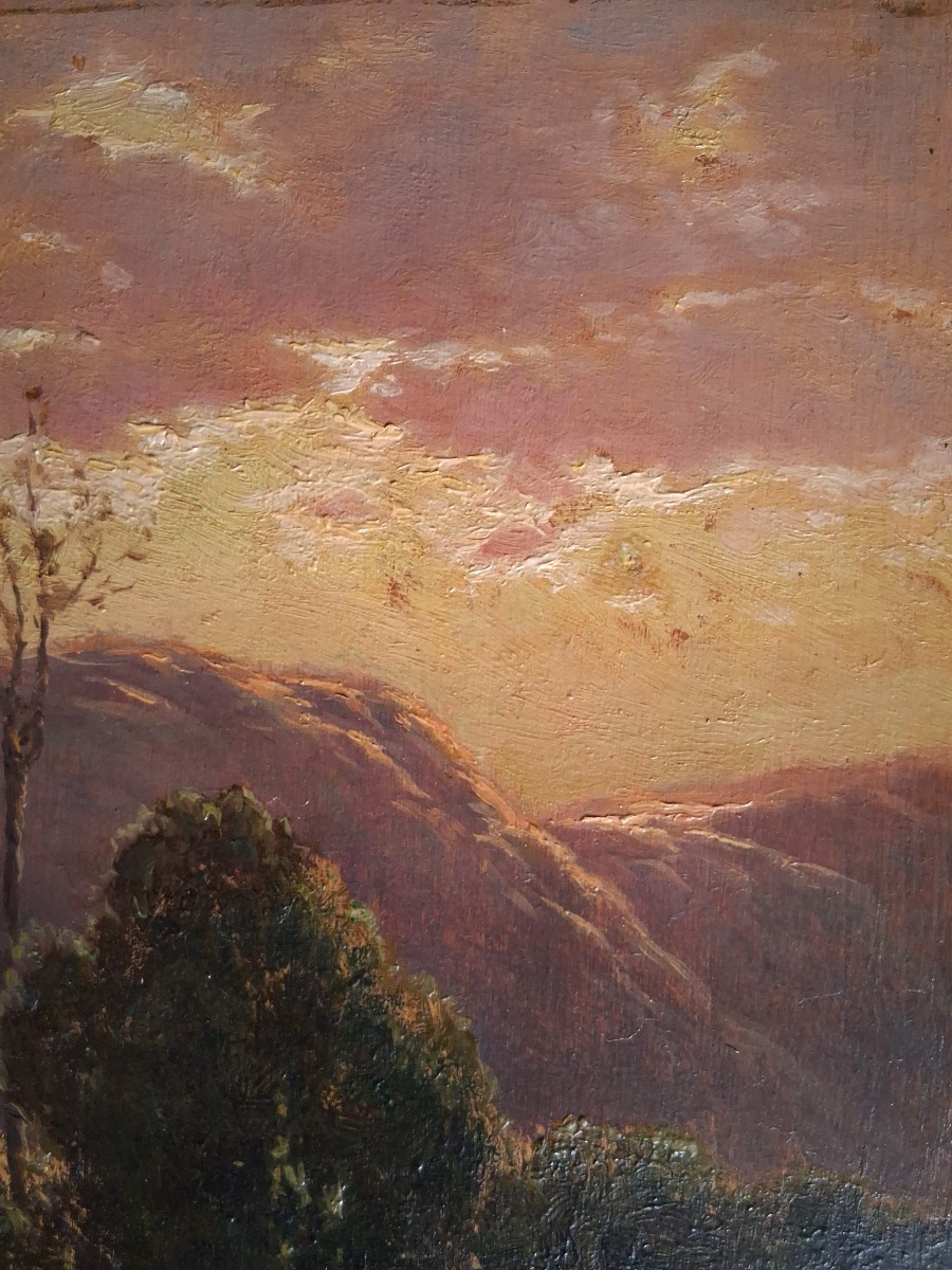 V. VEZIEN huile sur bois paysage au crépuscule 19ème-photo-1