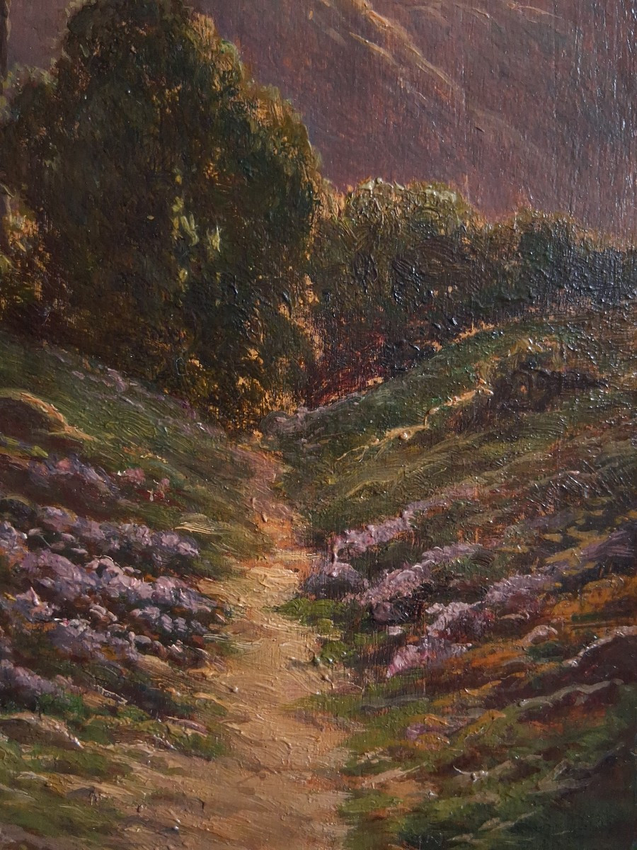 V. VEZIEN huile sur bois paysage au crépuscule 19ème-photo-3