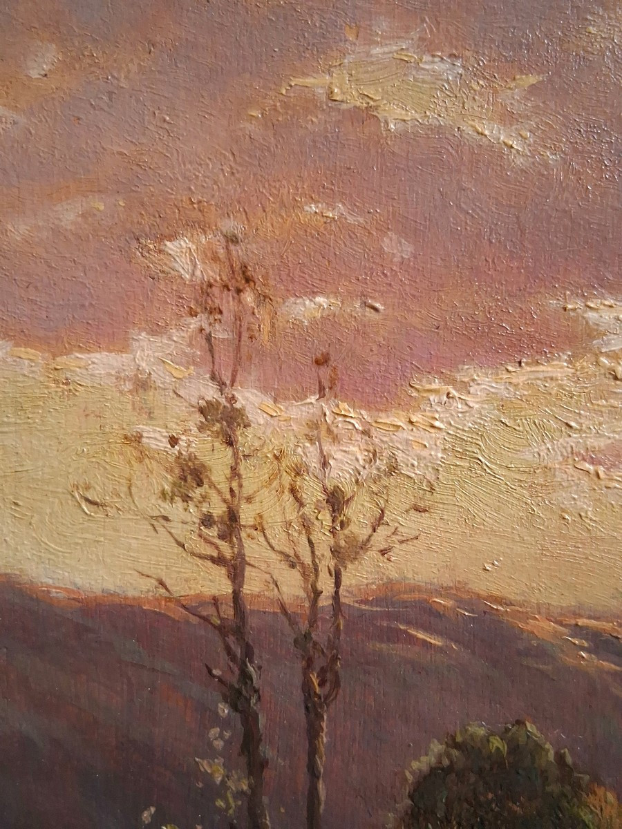 V. VEZIEN huile sur bois paysage au crépuscule 19ème-photo-4