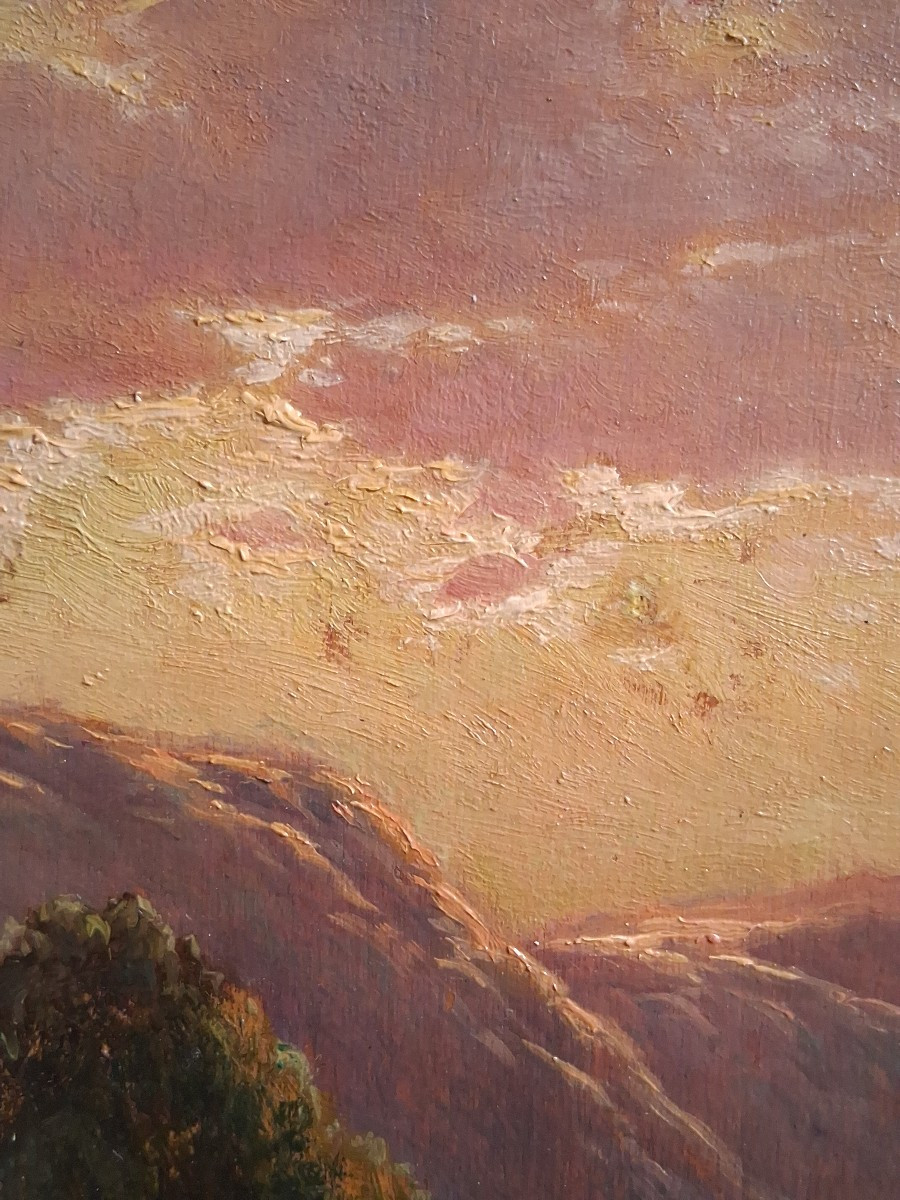 V. VEZIEN huile sur bois paysage au crépuscule 19ème-photo-5