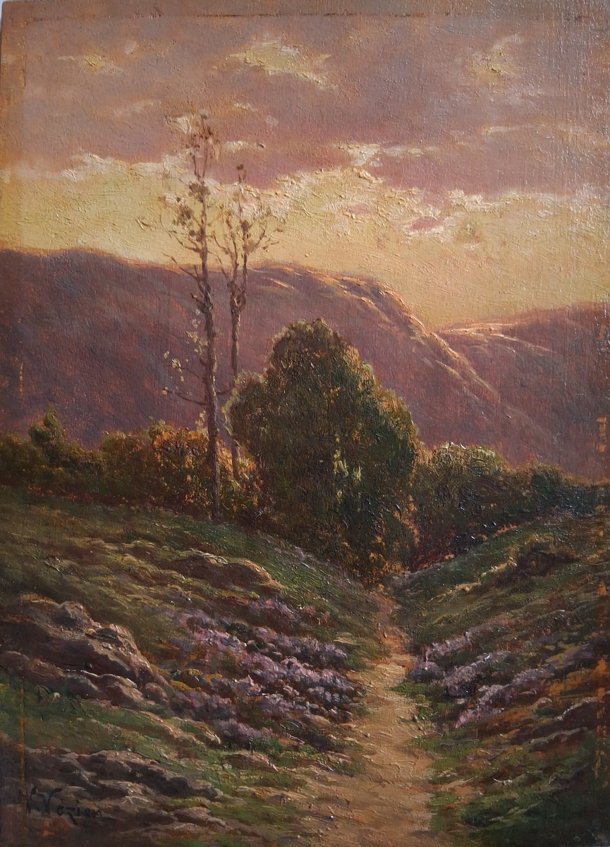 V. VEZIEN huile sur bois paysage au crépuscule 19ème