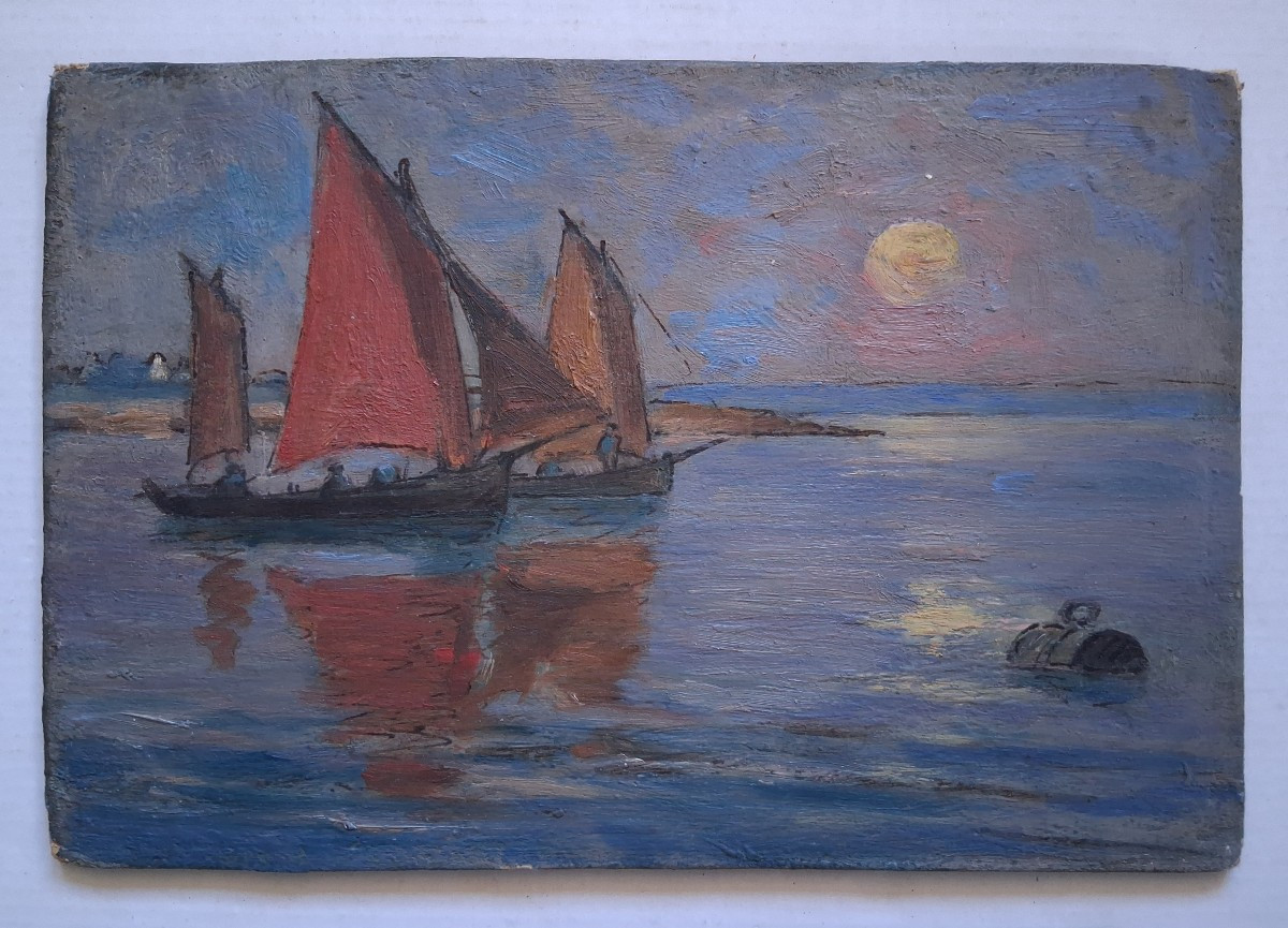 Huile sur panneau marine paysage marin retour de pêche-photo-2