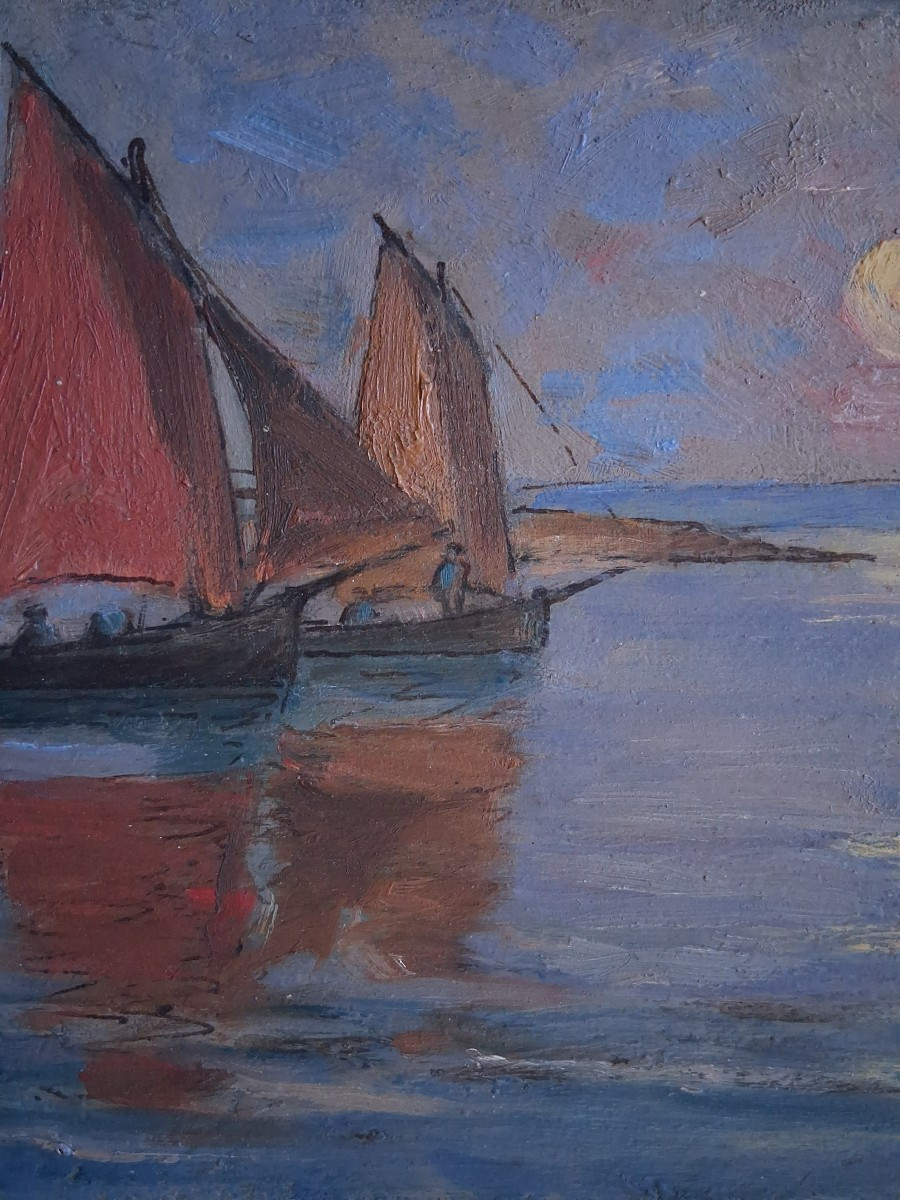 Huile sur panneau marine paysage marin retour de pêche-photo-4