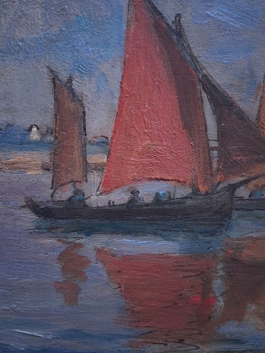 Huile sur panneau marine paysage marin retour de pêche-photo-2