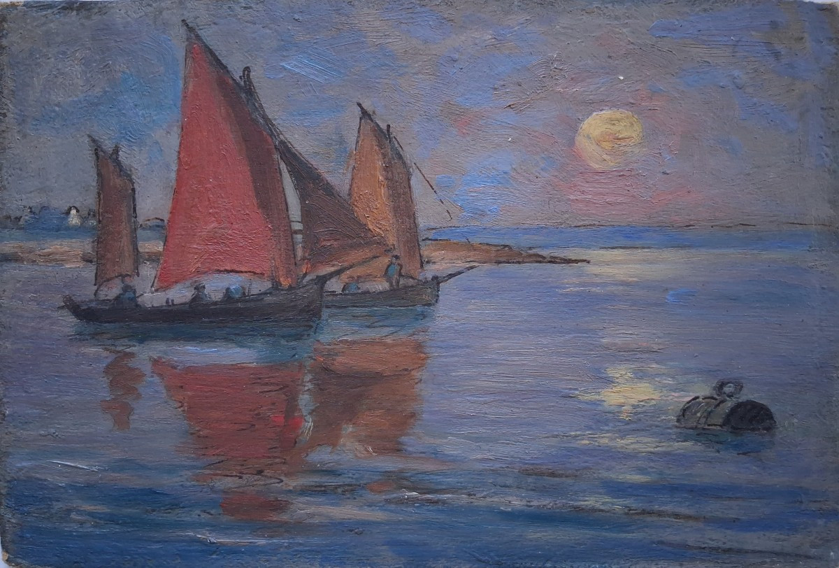 Huile sur panneau marine paysage marin retour de pêche