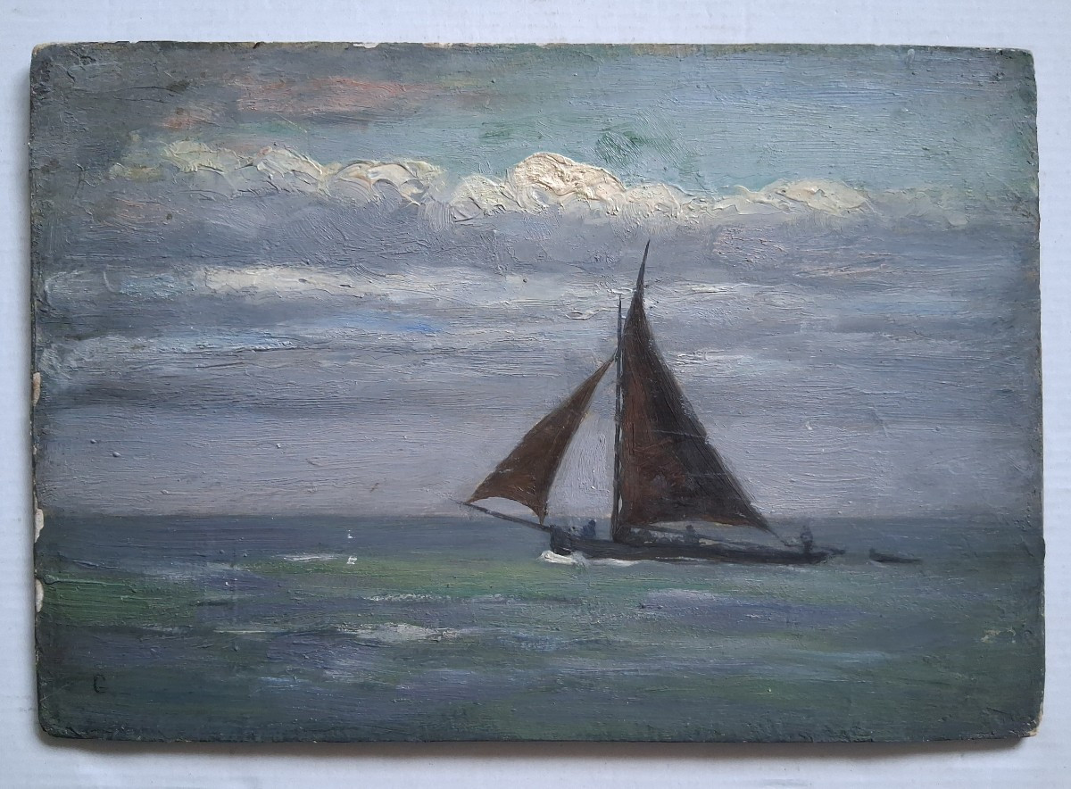 Huile sur panneau marine paysage pêcheurs en mer-photo-2