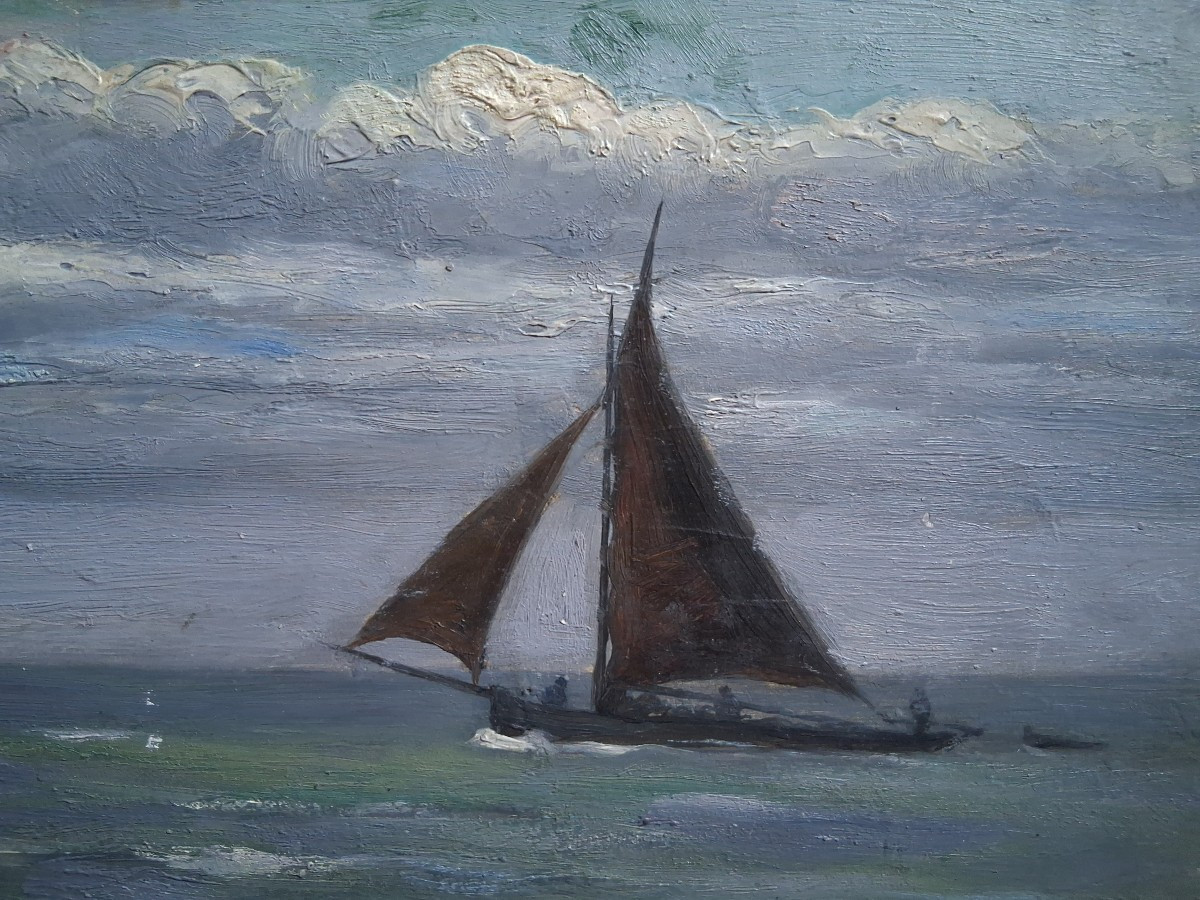 Huile sur panneau marine paysage pêcheurs en mer-photo-3