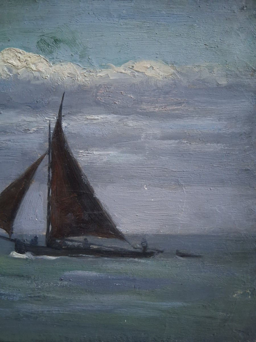 Huile sur panneau marine paysage pêcheurs en mer-photo-2